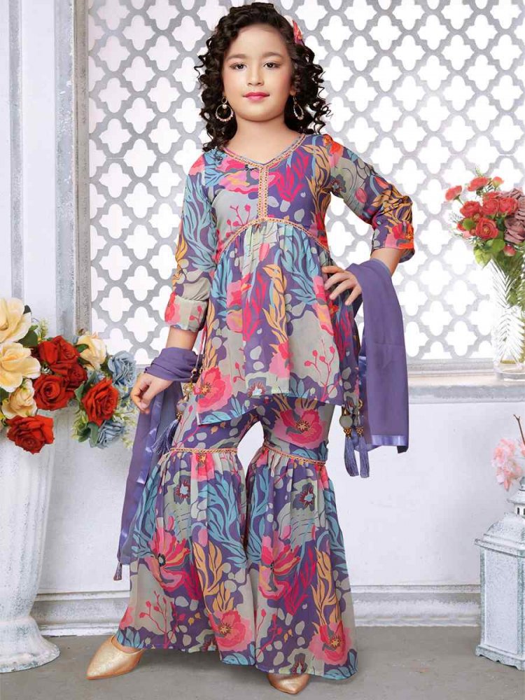 Multi Faux Georgette Embroidered Traditional Festival Kurta Sharara Girls Wear