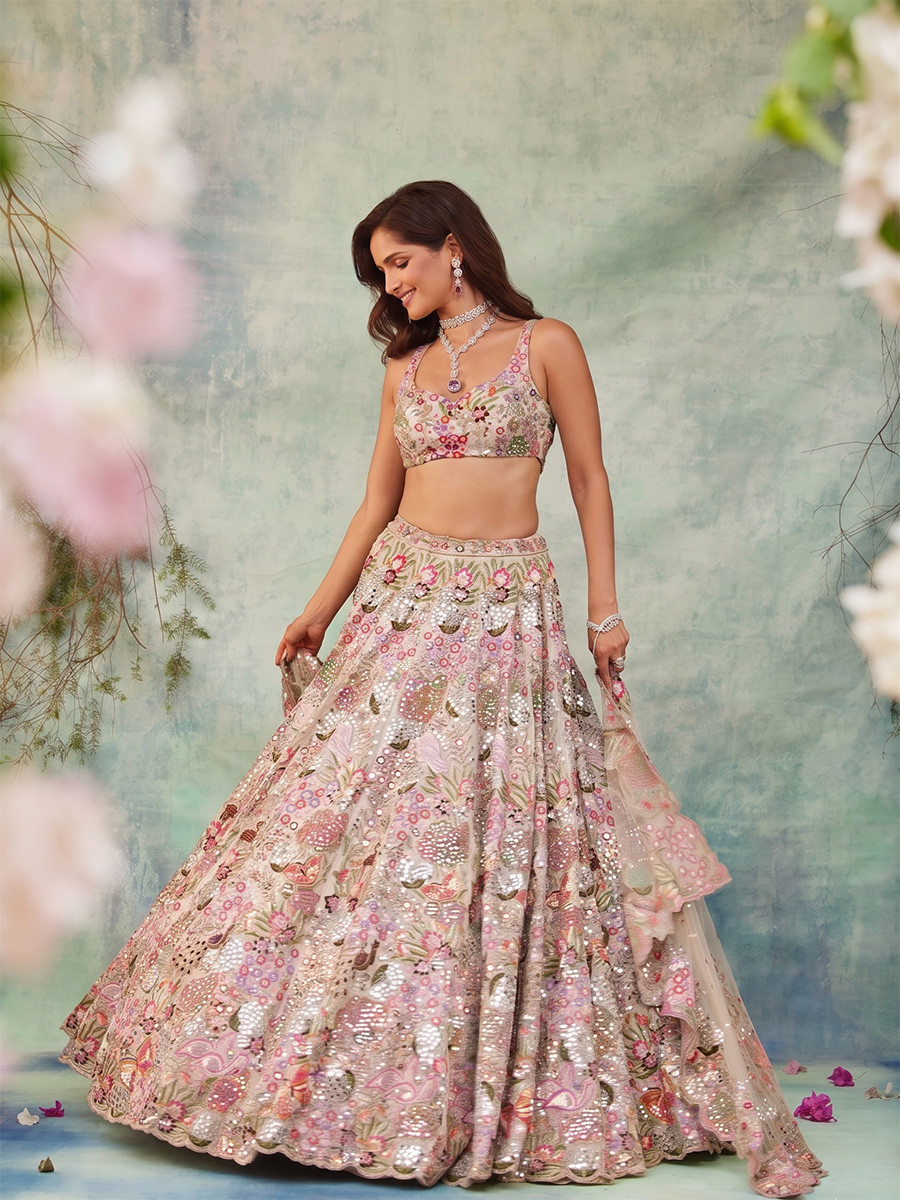 Multi Faux Georgette Embroidery Sequins Wedding Reception Festival Party Wear Heavy Border Lehenga Choli