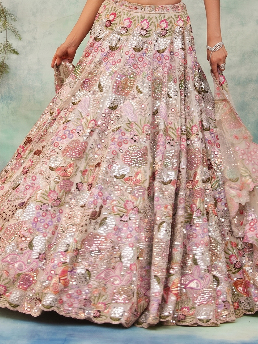 Multi Faux Georgette Embroidery Sequins Wedding Reception Festival Party Wear Heavy Border Lehenga Choli