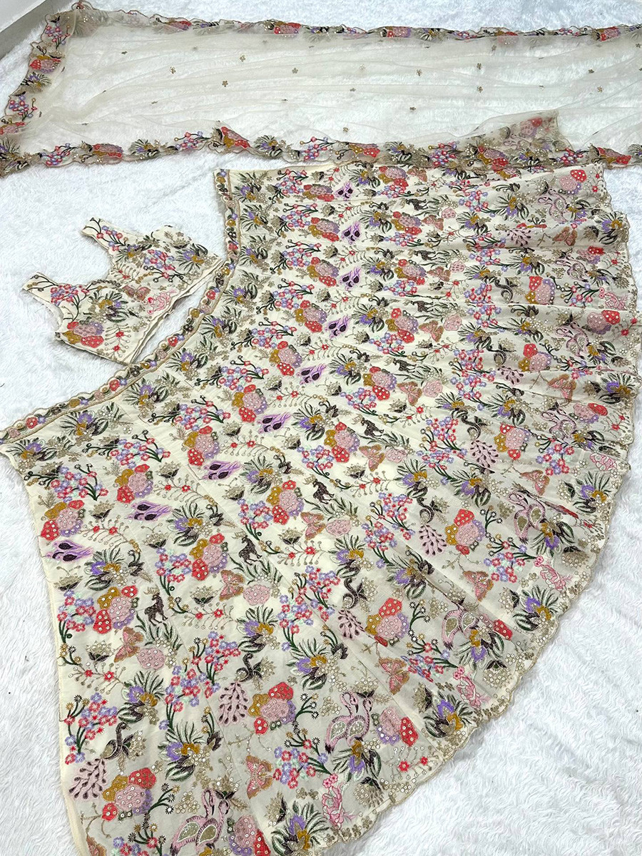 Multi Faux Georgette Embroidery Sequins Wedding Reception Festival Party Wear Heavy Border Lehenga Choli