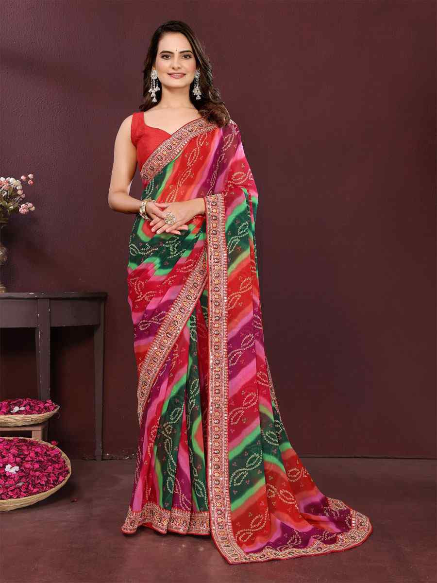 Multi Georgette Bhandej Printed Embroidery Traditional Festival Reception Festival Wedding Fancy Heavy Border Saree