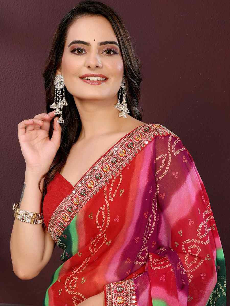 Multi Georgette Bhandej Printed Embroidery Traditional Festival Reception Festival Wedding Fancy Heavy Border Saree