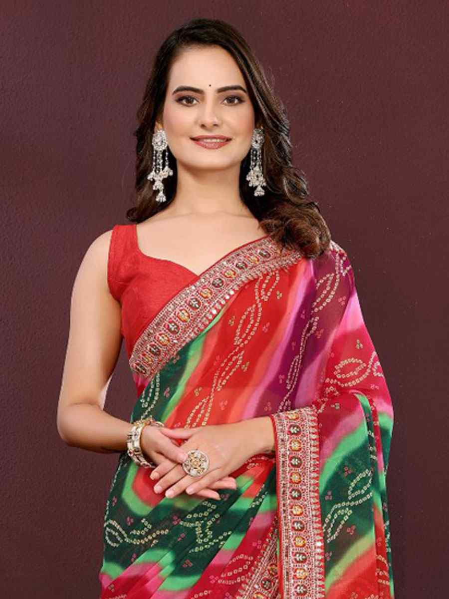Multi Georgette Bhandej Printed Embroidery Traditional Festival Reception Festival Wedding Fancy Heavy Border Saree