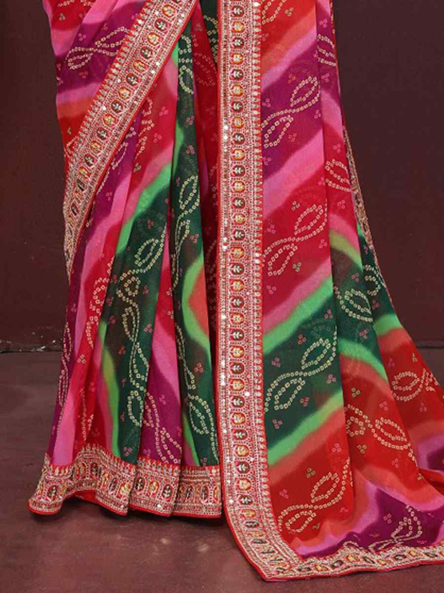 Multi Georgette Bhandej Printed Embroidery Traditional Festival Reception Festival Wedding Fancy Heavy Border Saree