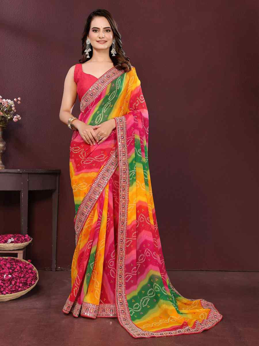 Multi Georgette Bhandej Printed Embroidery Traditional Festival Reception Festival Wedding Fancy Heavy Border Saree
