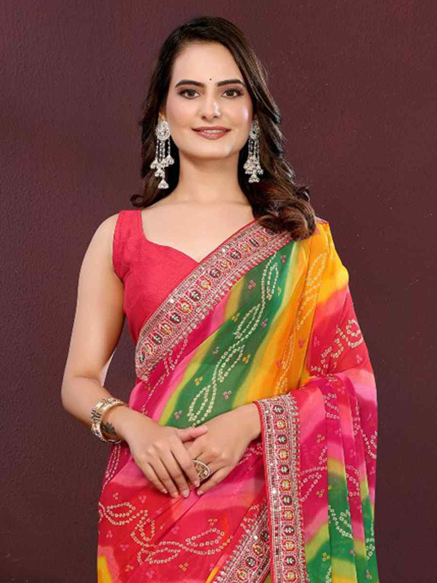 Multi Georgette Bhandej Printed Embroidery Traditional Festival Reception Festival Wedding Fancy Heavy Border Saree