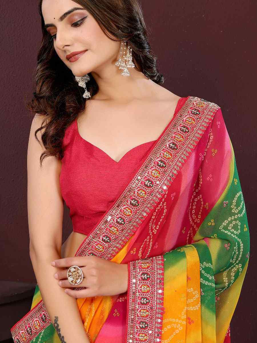 Multi Georgette Bhandej Printed Embroidery Traditional Festival Reception Festival Wedding Fancy Heavy Border Saree