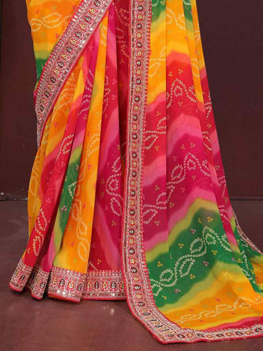Multi Georgette Bhandej Printed Embroidery Traditional Festival Reception Festival Wedding Fancy Heavy Border Saree