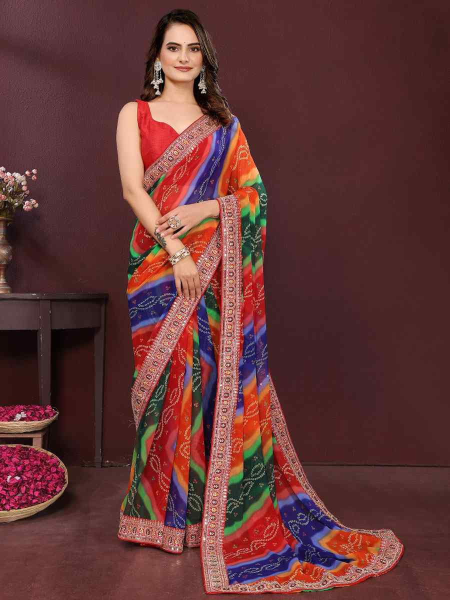 Multi Georgette Bhandej Printed Embroidery Traditional Festival Reception Festival Wedding Fancy Heavy Border Saree