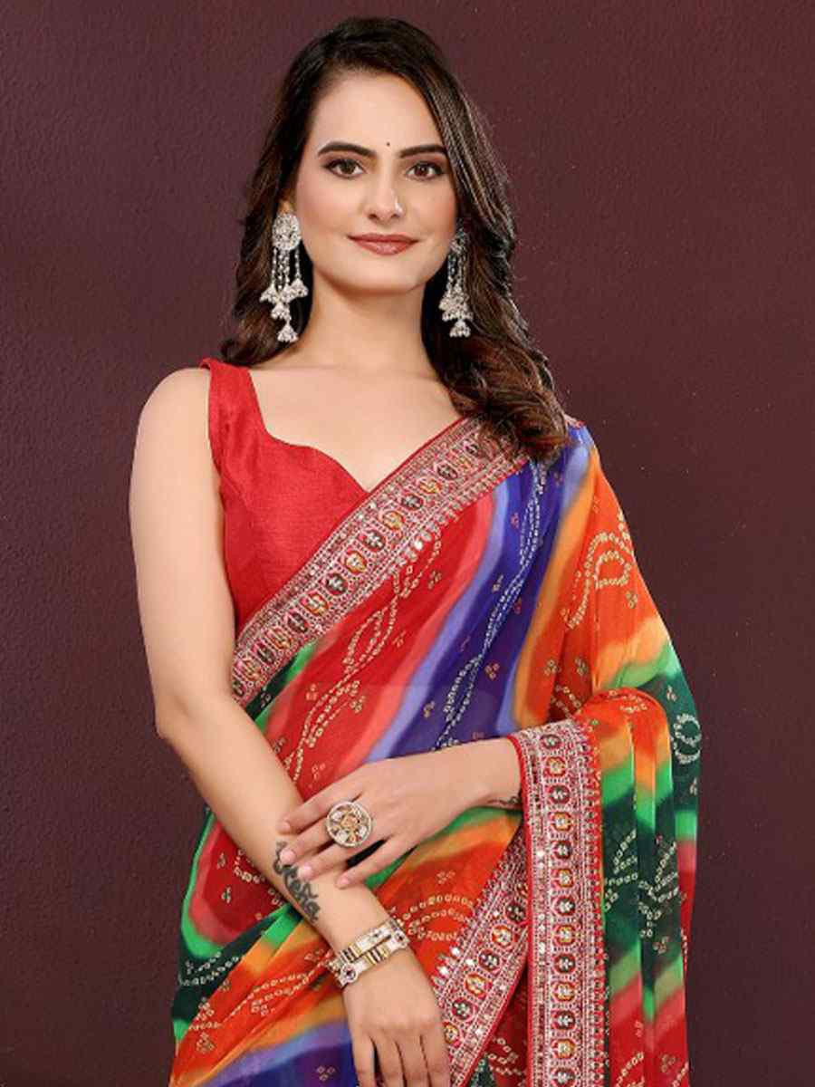 Multi Georgette Bhandej Printed Embroidery Traditional Festival Reception Festival Wedding Fancy Heavy Border Saree