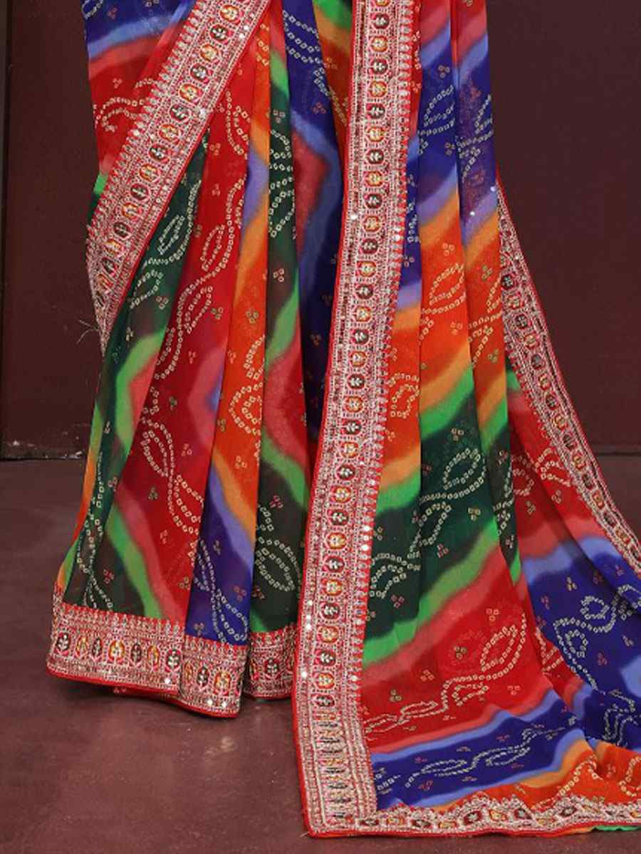 Multi Georgette Bhandej Printed Embroidery Traditional Festival Reception Festival Wedding Fancy Heavy Border Saree