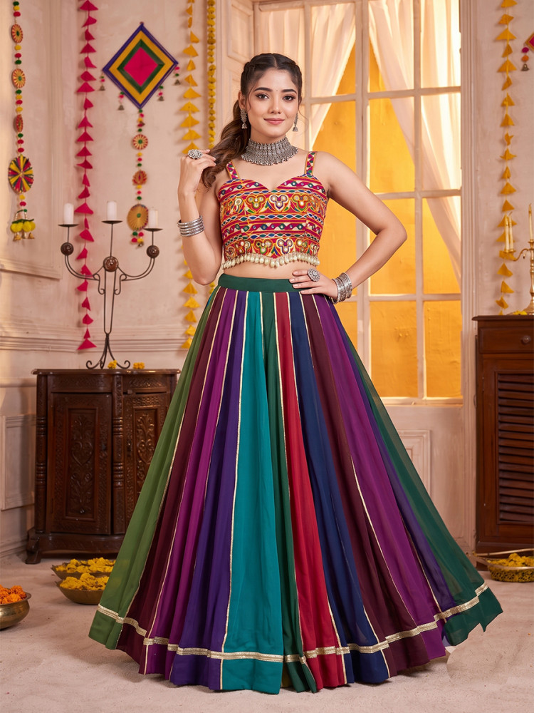 Image of Multi Georgette Gota Patti Border Wedding Reception Festival Party Wear Circular Lehenga Choli
