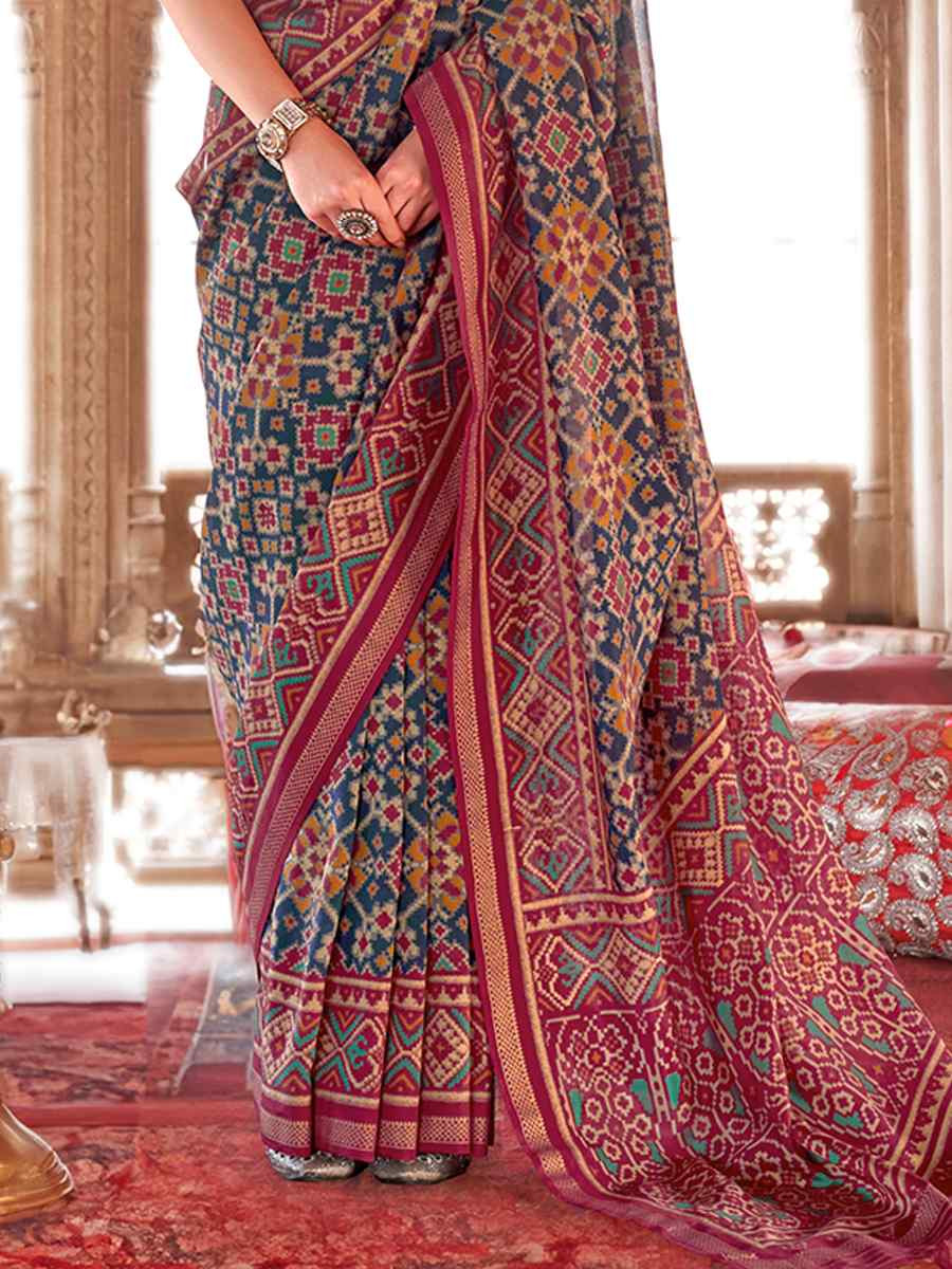 Multi Georgette Patola Printed Festival Wedding Fancy Heavy Border Saree