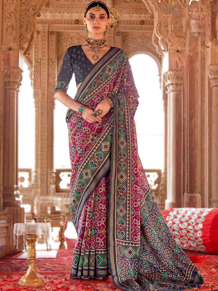 Multi Georgette Patola Printed Festival Wedding Fancy Heavy Border Saree