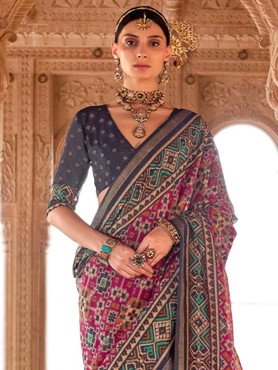 Multi Georgette Patola Printed Festival Wedding Fancy Heavy Border Saree