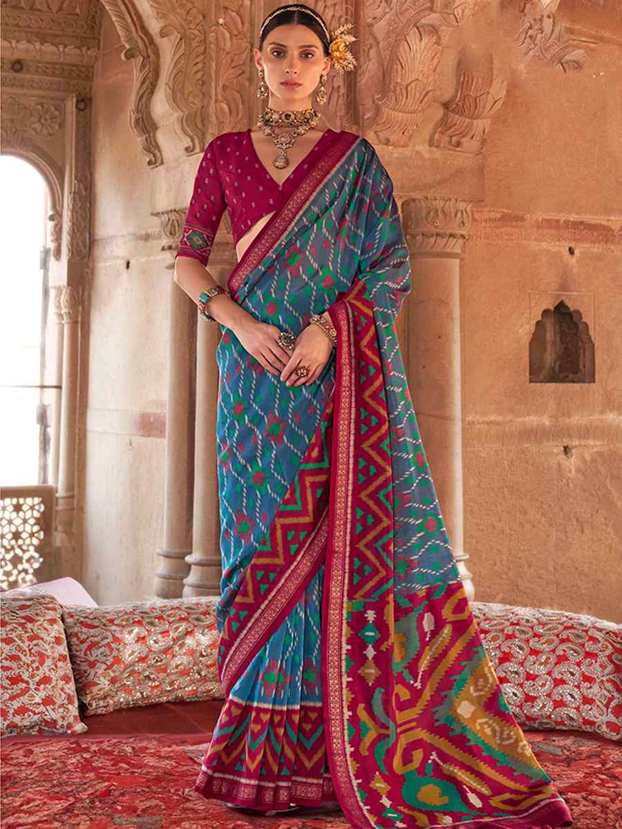 Multi Georgette Patola Printed Festival Wedding Fancy Heavy Border Saree