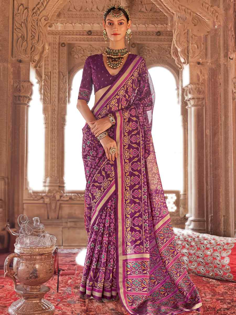 Multi Georgette Patola Printed Festival Wedding Fancy Heavy Border Saree