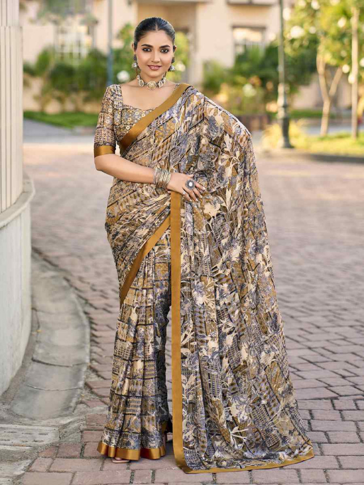 Image of Multi Georgette Printed Casual Reception Festival Wedding Fancy Heavy Border Saree