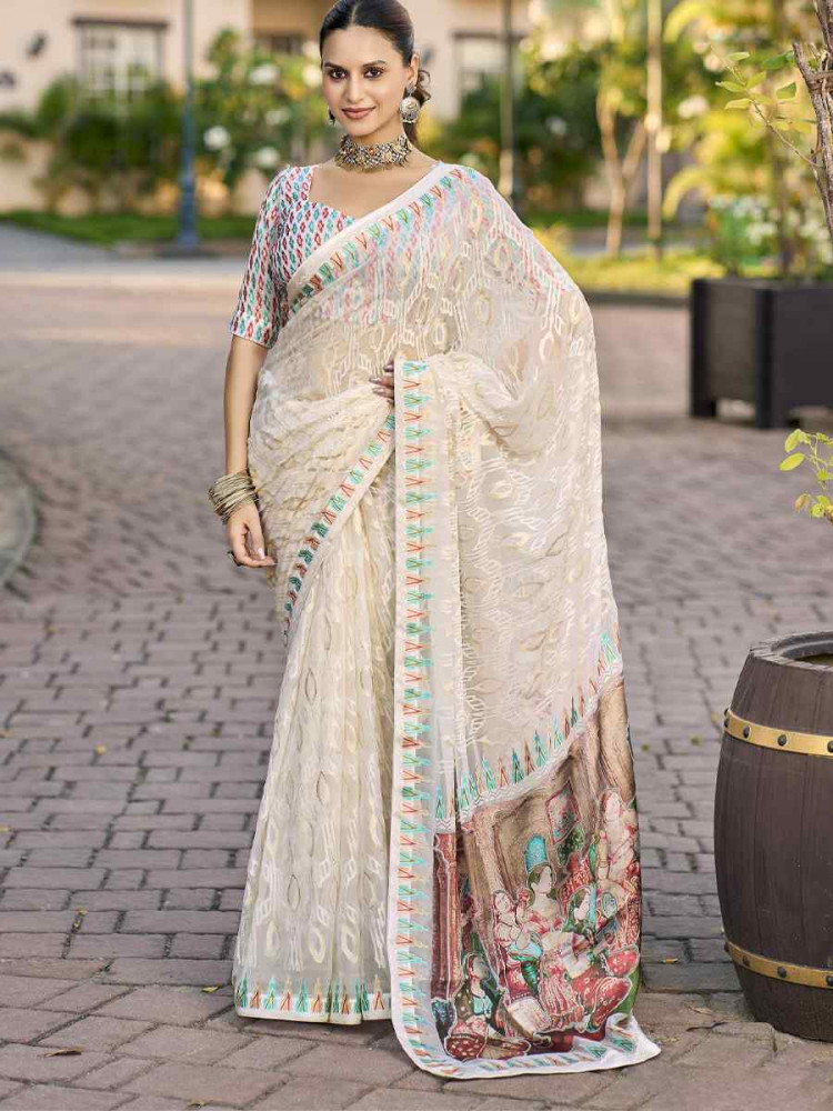 Image of Multi Georgette Printed Casual Reception Festival Wedding Fancy Heavy Border Saree