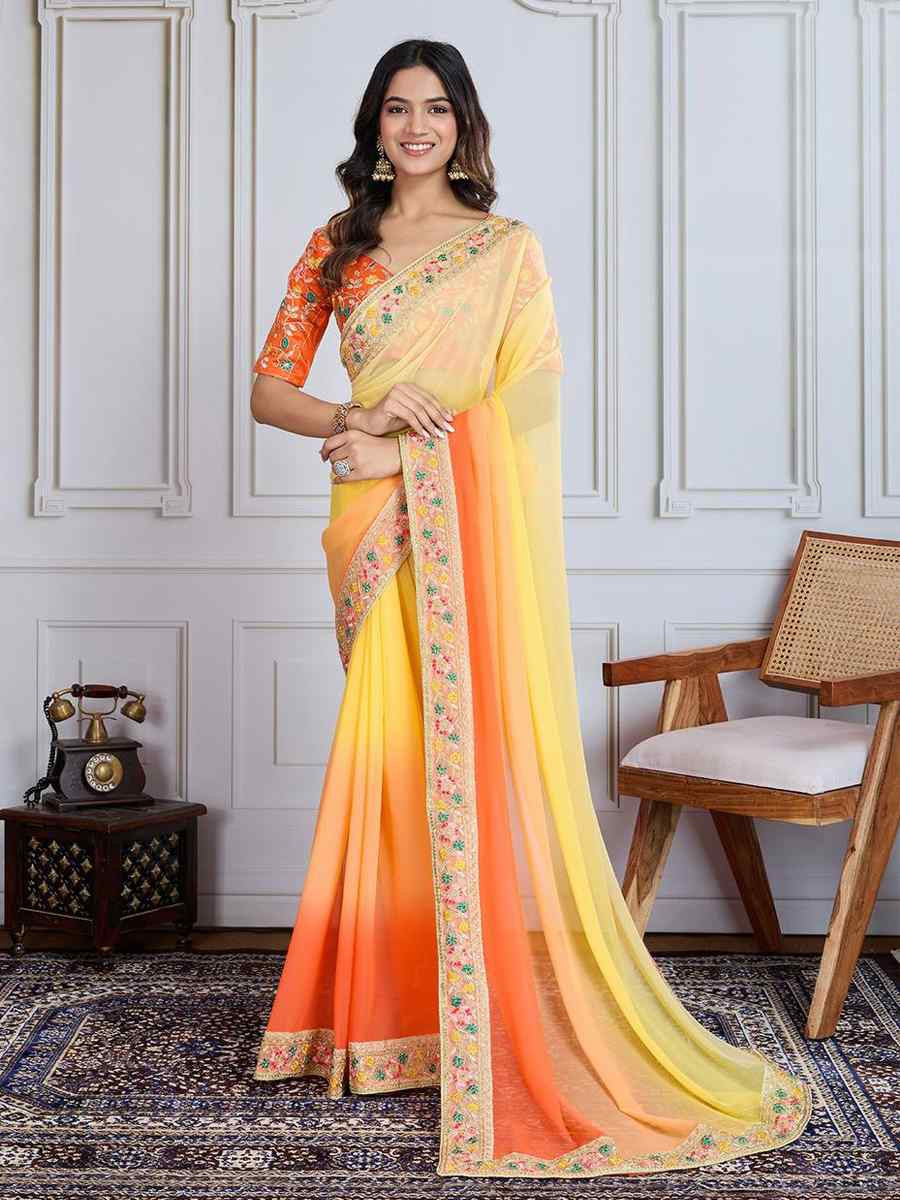 Multi Georgette Printed Festival Casual Heavy Border Saree