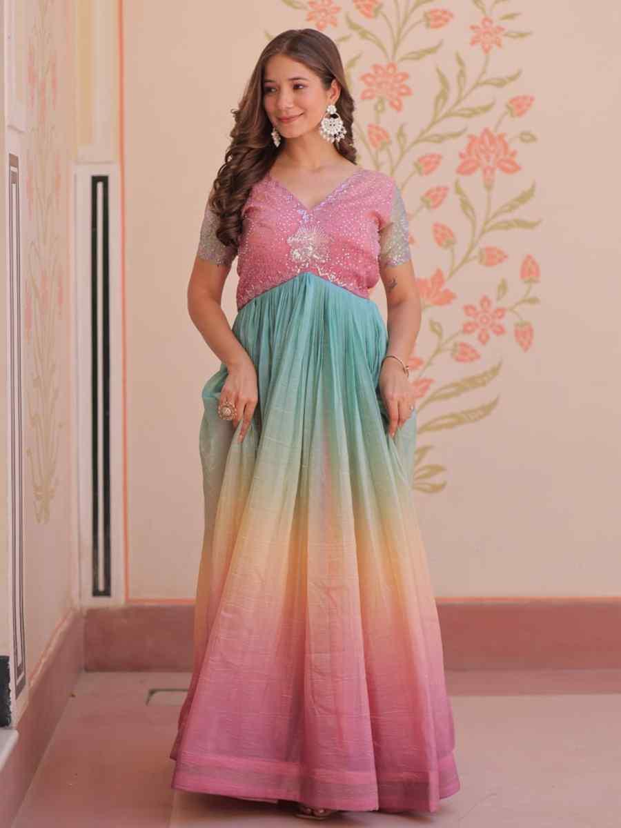 Multi Gold Crush Embroidered Festival Party Gown