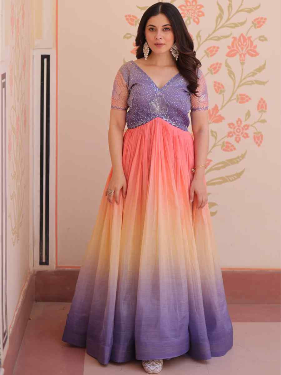 Multi Gold Crush Embroidered Festival Party Gown