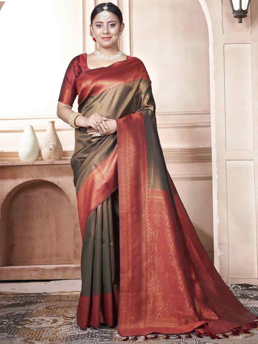 Multi Green Kanjivaram Silk Handwoven Wedding Festival Heavy Border Saree