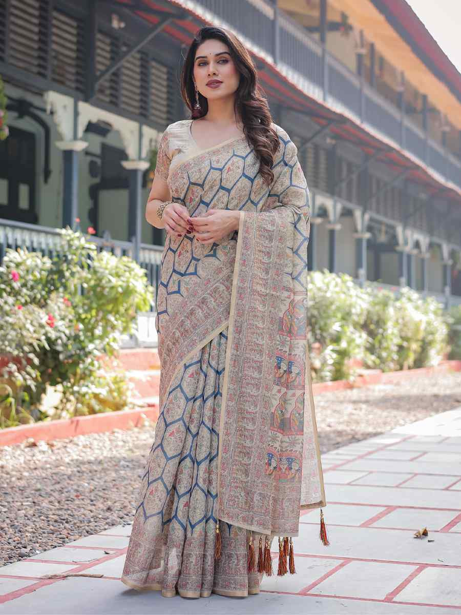 Multi Handloom Cotton Printed Festival Wedding Fancy Heavy Border Saree