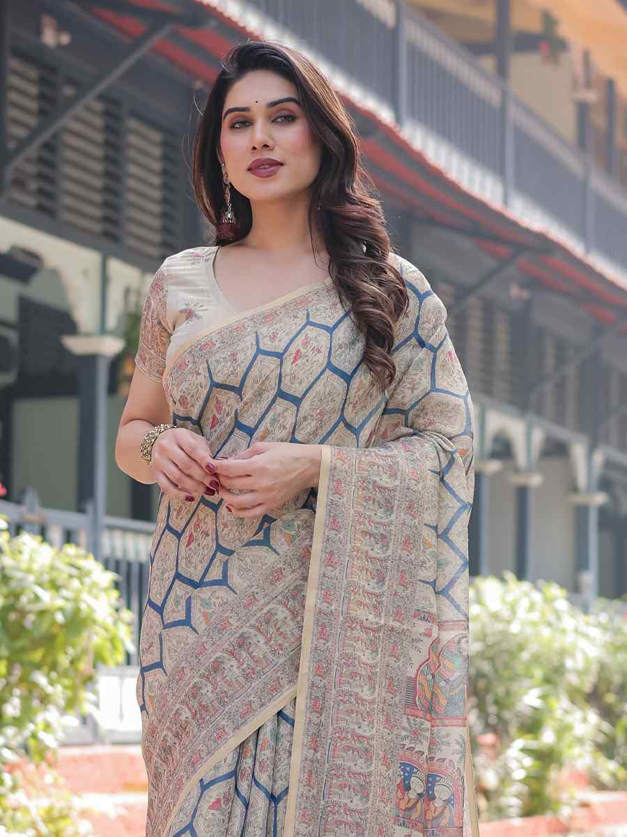 Multi Handloom Cotton Printed Festival Wedding Fancy Heavy Border Saree