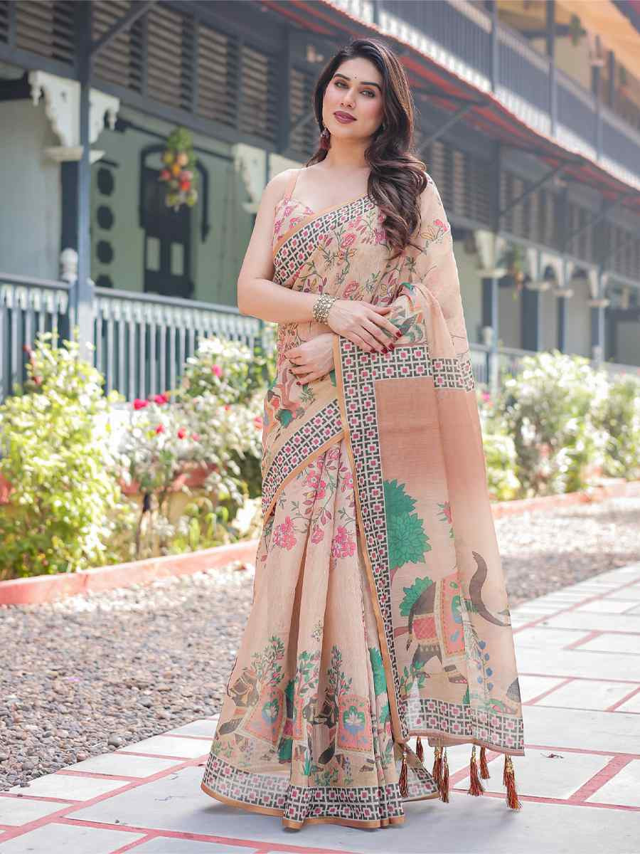 Multi Handloom Cotton Printed Festival Wedding Fancy Heavy Border Saree