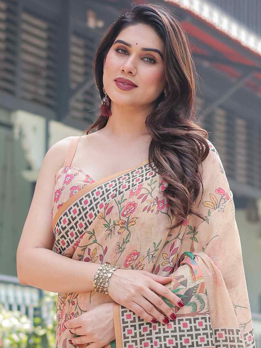 Multi Handloom Cotton Printed Festival Wedding Fancy Heavy Border Saree