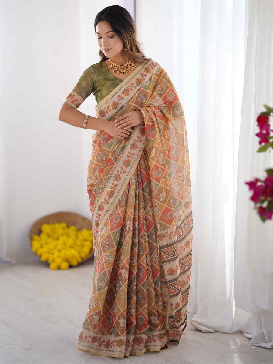 Multi Handloom Cotton Printed Festival Wedding Fancy Heavy Border Saree