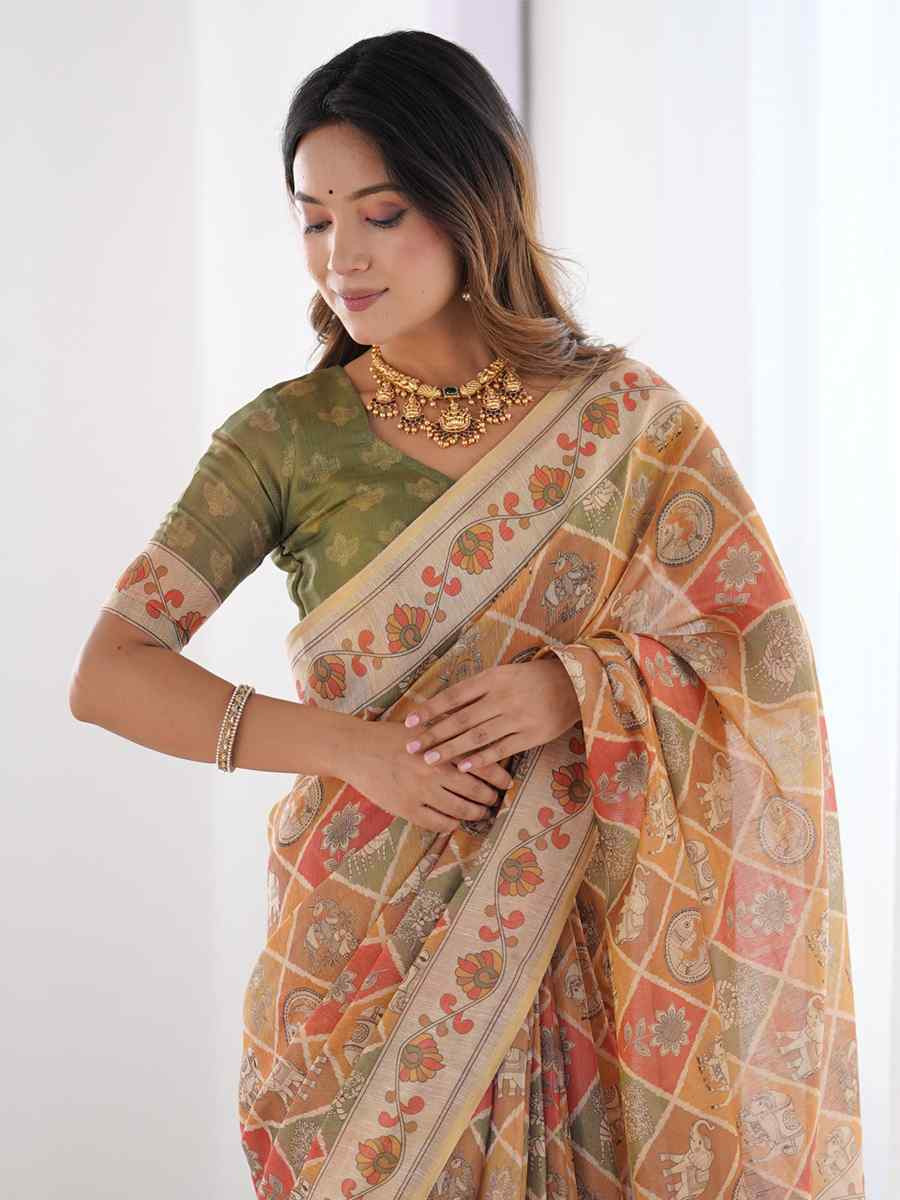 Multi Handloom Cotton Printed Festival Wedding Fancy Heavy Border Saree