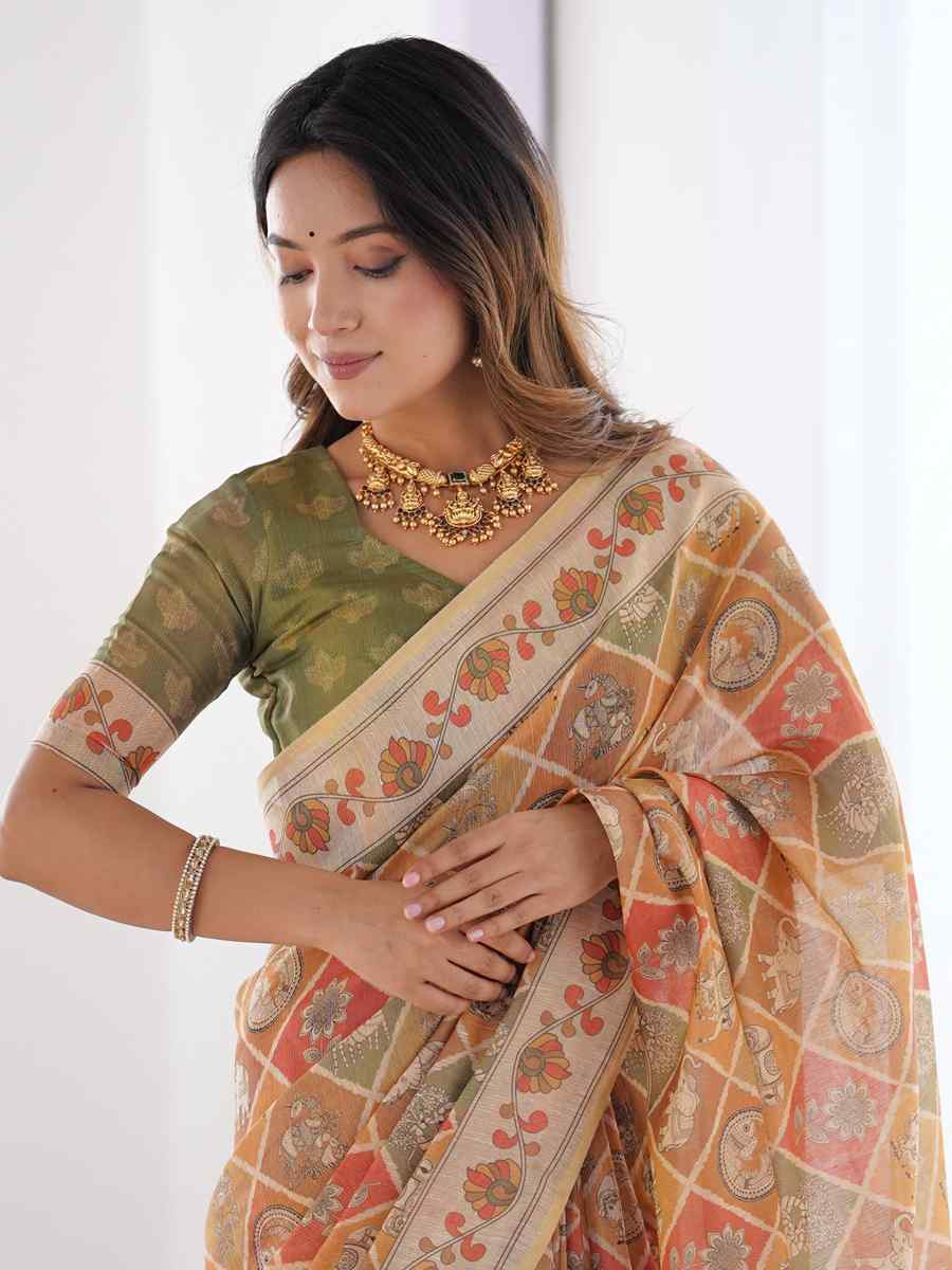Multi Handloom Cotton Printed Festival Wedding Fancy Heavy Border Saree