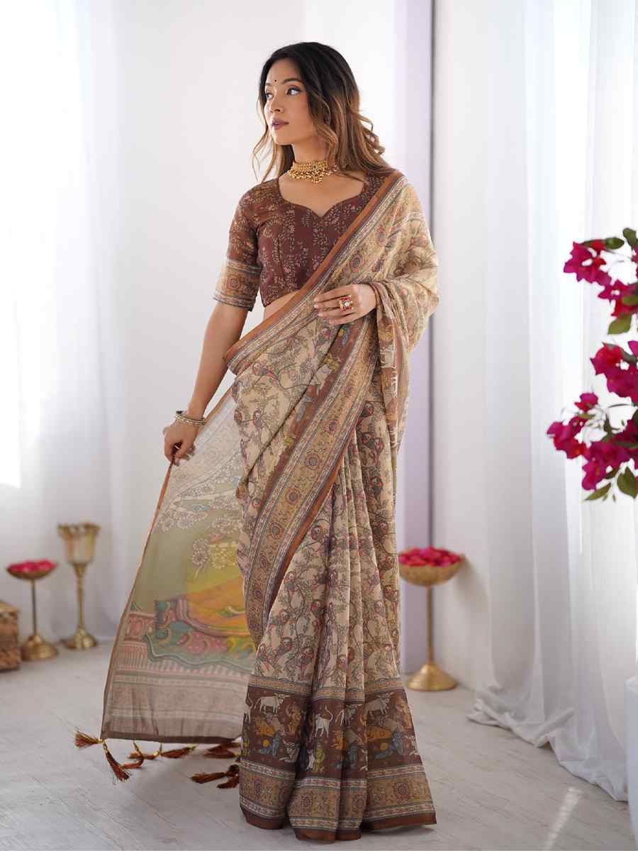Multi Handloom Cotton Printed Festival Wedding Fancy Heavy Border Saree
