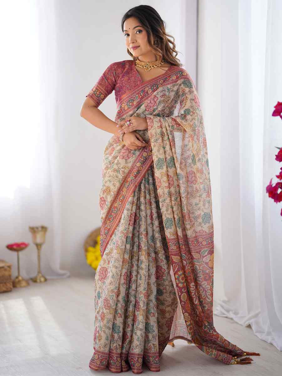 Multi Handloom Cotton Printed Festival Wedding Fancy Heavy Border Saree