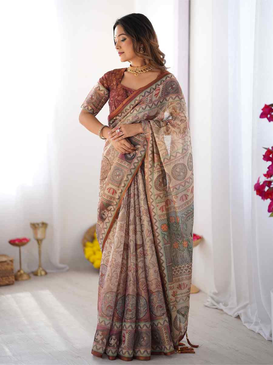 Multi Handloom Cotton Printed Festival Wedding Fancy Heavy Border Saree