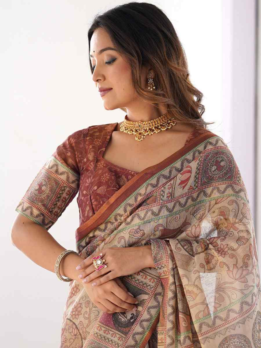Multi Handloom Cotton Printed Festival Wedding Fancy Heavy Border Saree