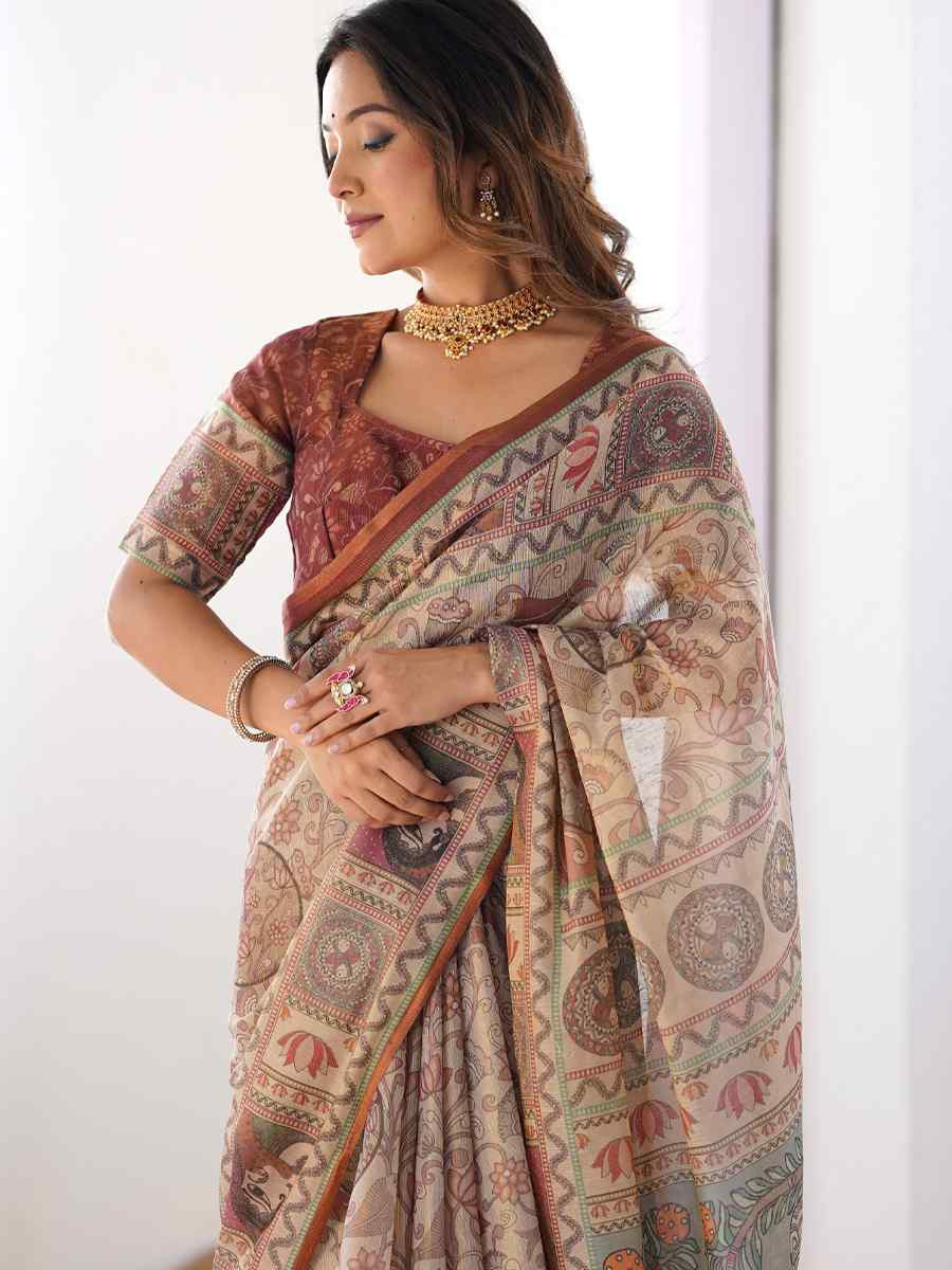 Multi Handloom Cotton Printed Festival Wedding Fancy Heavy Border Saree