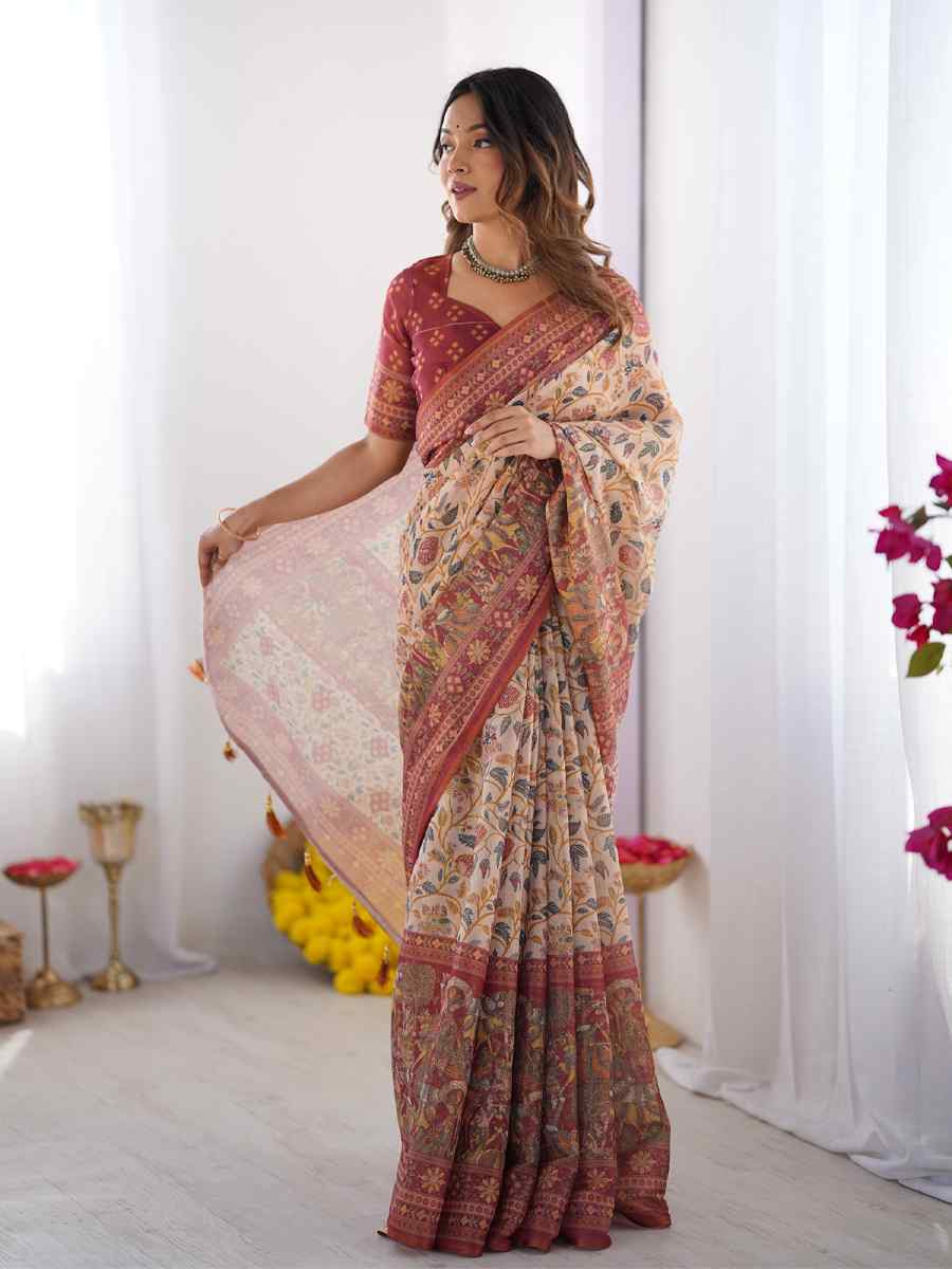 Multi Handloom Cotton Printed Festival Wedding Fancy Heavy Border Saree
