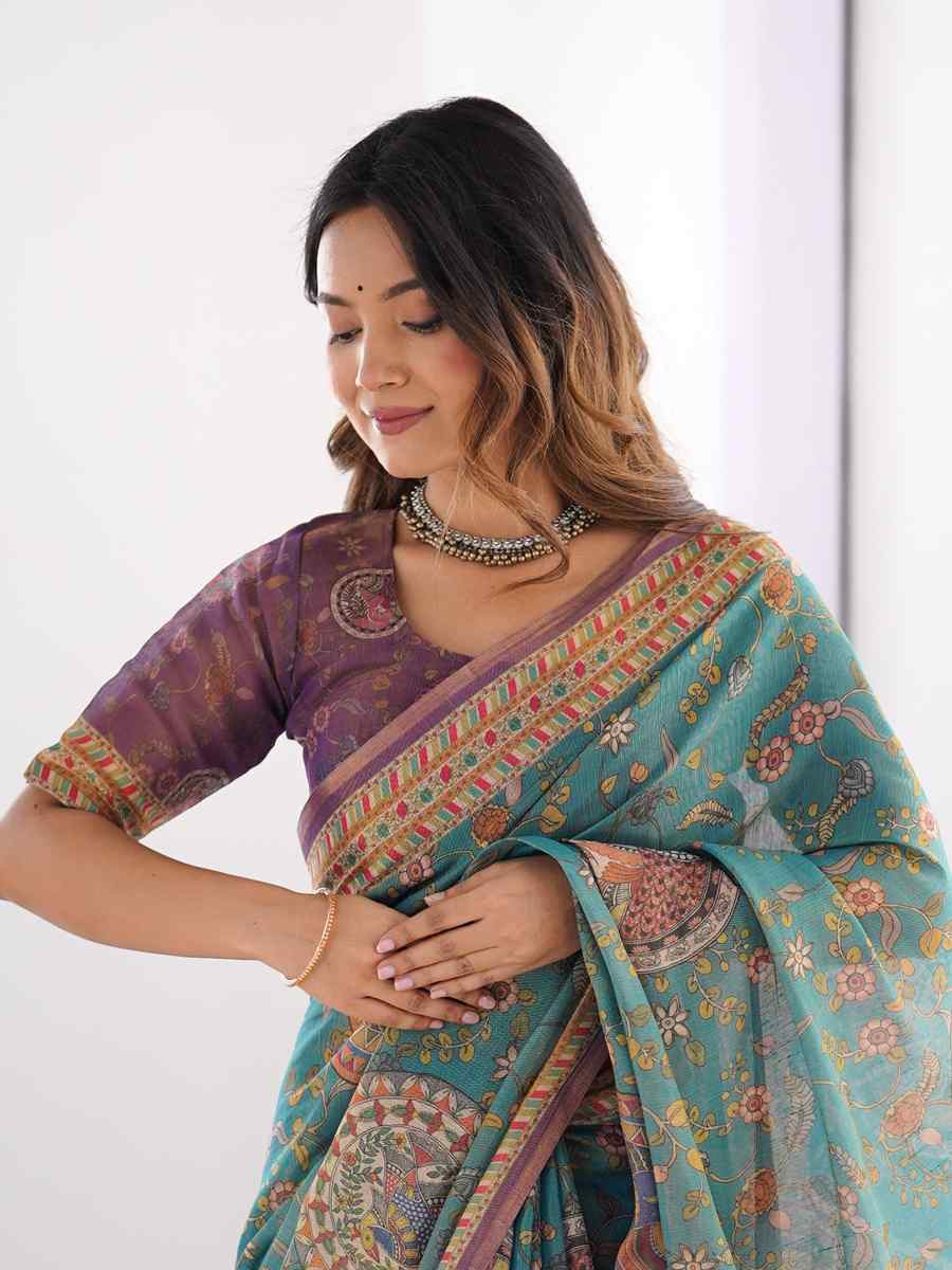 Multi Handloom Cotton Printed Festival Wedding Fancy Heavy Border Saree