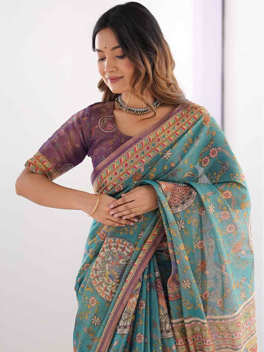Multi Handloom Cotton Printed Festival Wedding Fancy Heavy Border Saree