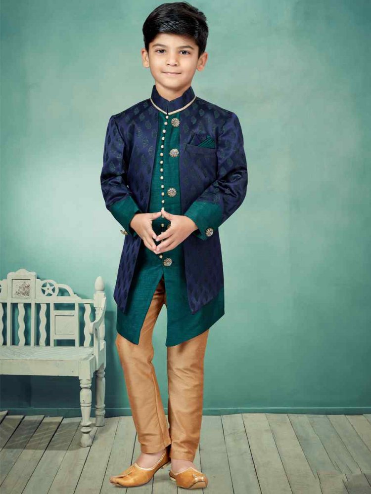 Multi Heavy Banarasi Jacquard Embroidered Party Festival Kurta Pyjama Boys Wear