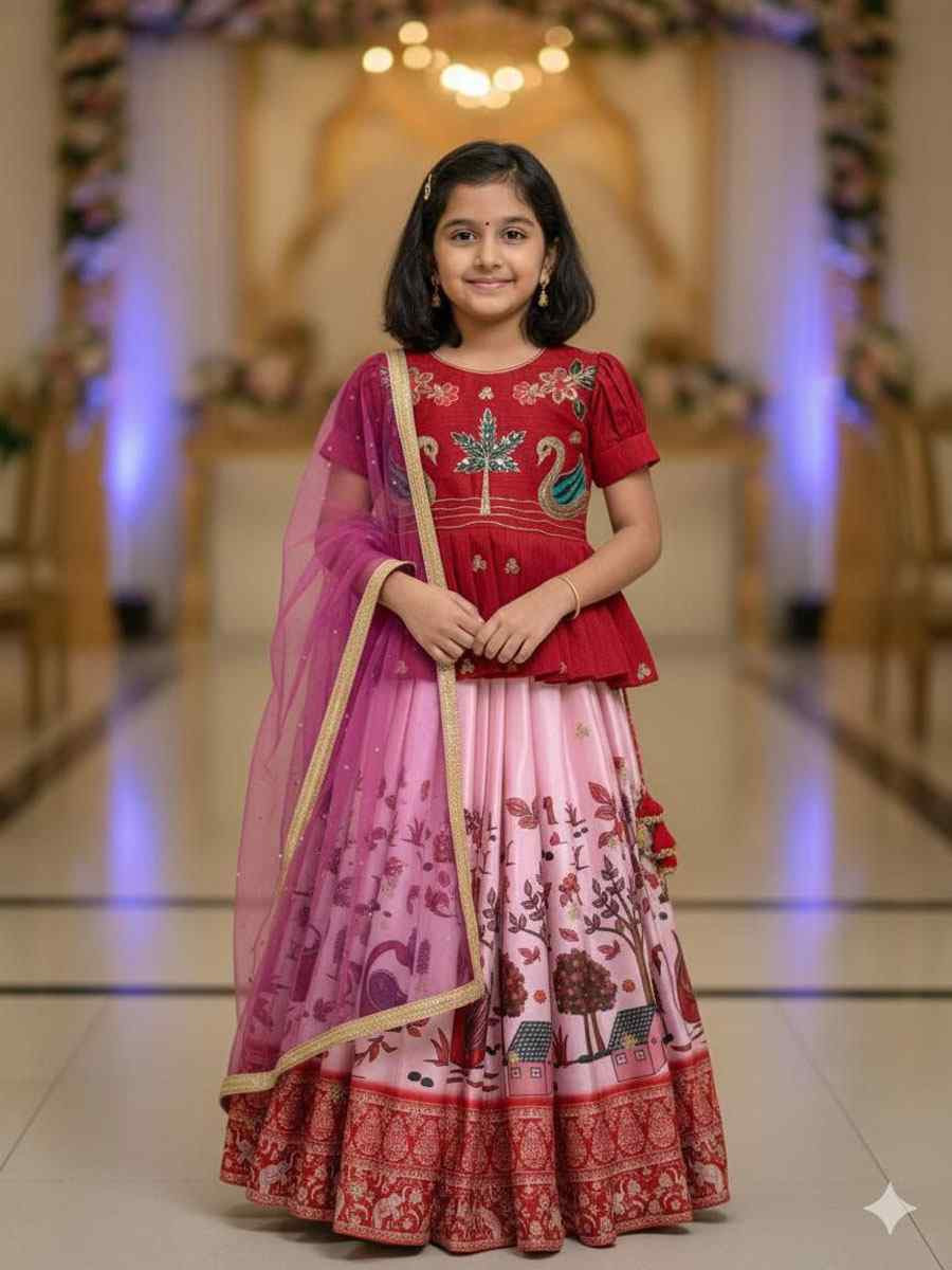 Multi Heavy Chinon Silk Embroidered Printed Kids Wear Wedding Festival Lehengas Girls Wear