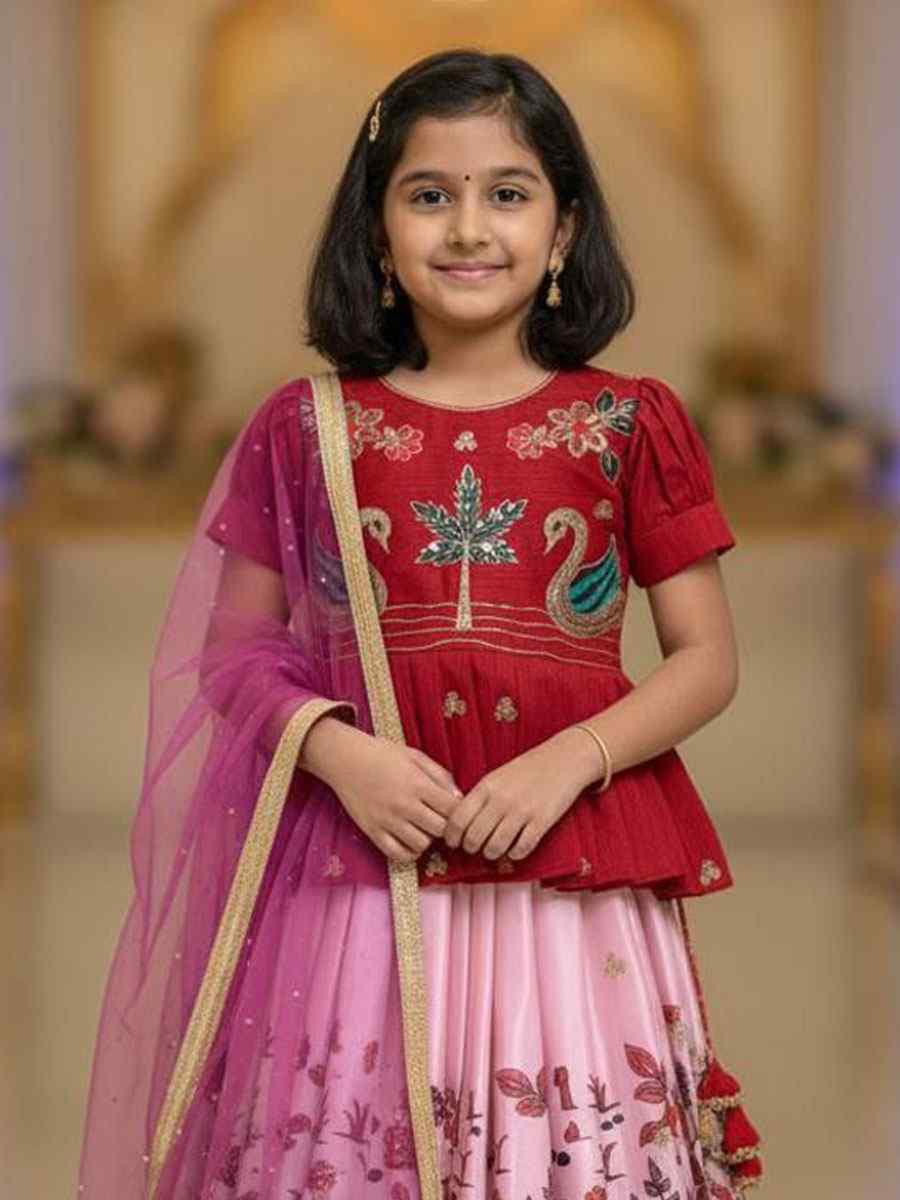 Multi Heavy Chinon Silk Embroidered Printed Kids Wear Wedding Festival Lehengas Girls Wear