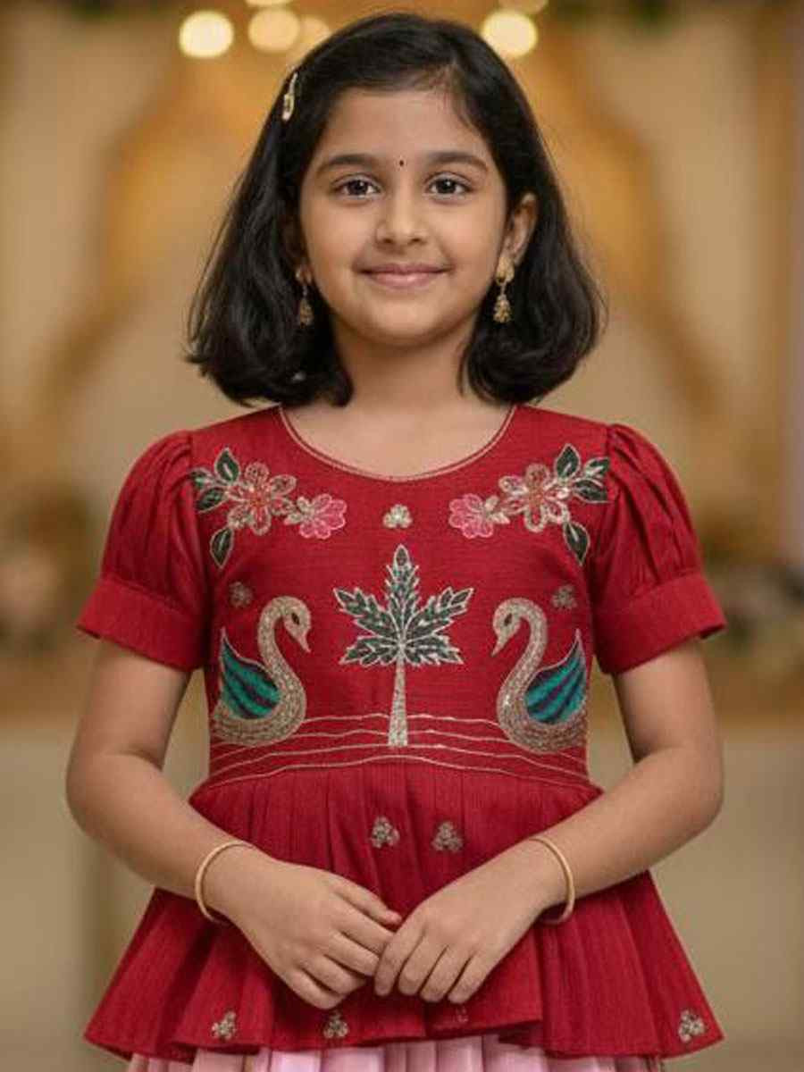 Multi Heavy Chinon Silk Embroidered Printed Kids Wear Wedding Festival Lehengas Girls Wear