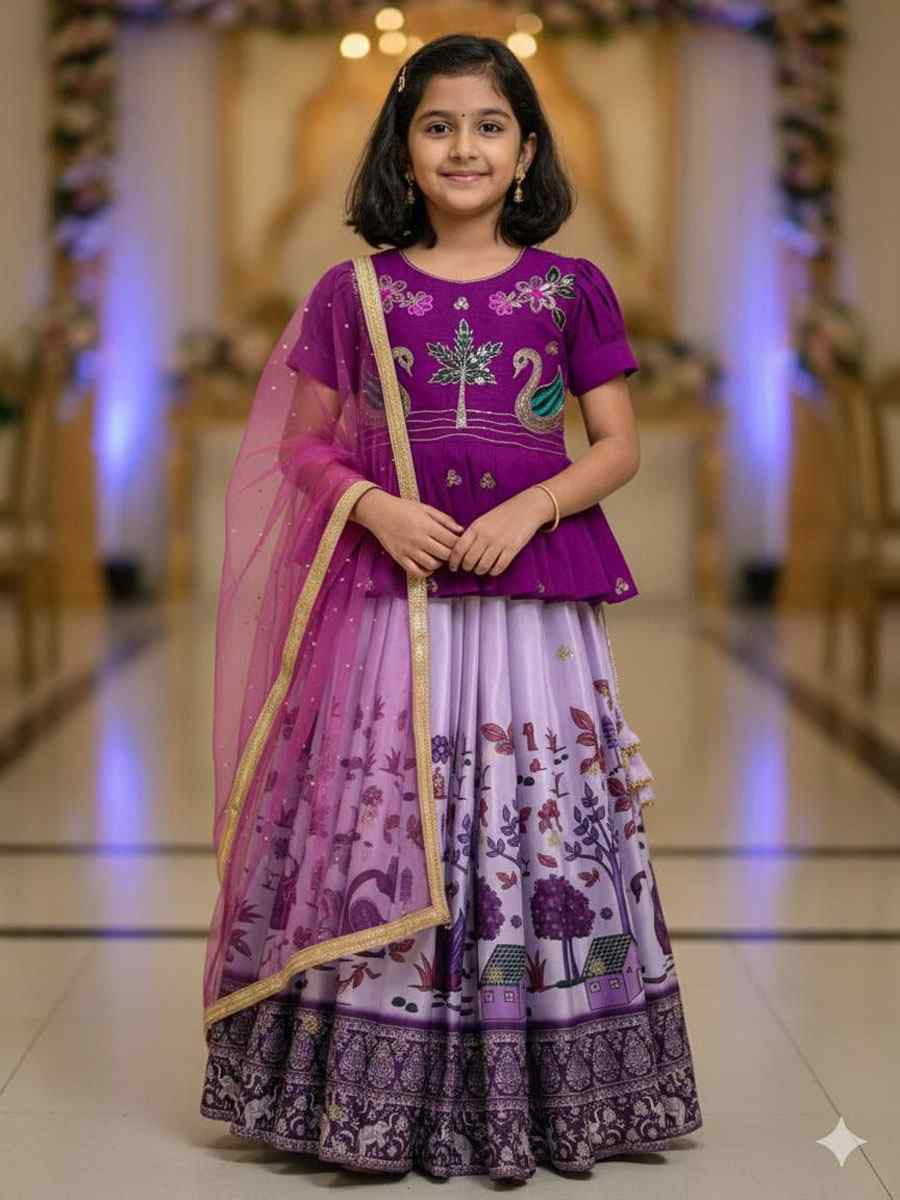 Multi Heavy Chinon Silk Embroidered Printed Kids Wear Wedding Festival Lehengas Girls Wear