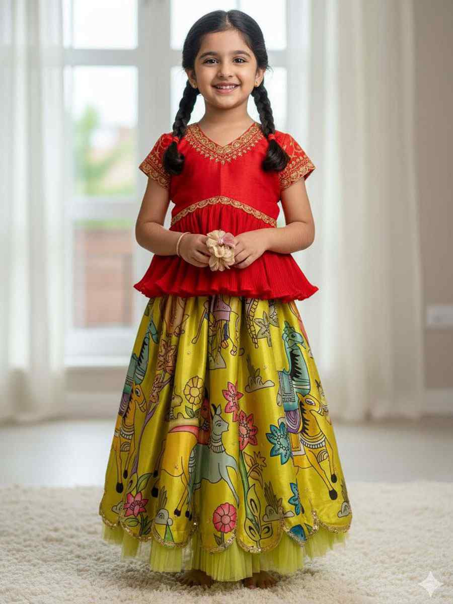 Multi Heavy Chinon Silk Embroidered Printed Kids Wear Wedding Festival Lehengas Girls Wear