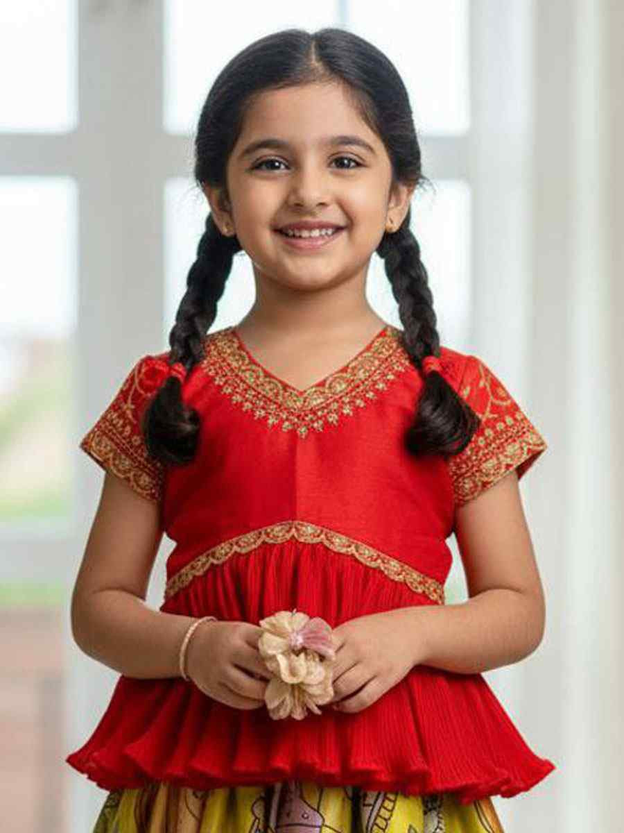 Multi Heavy Chinon Silk Embroidered Printed Kids Wear Wedding Festival Lehengas Girls Wear