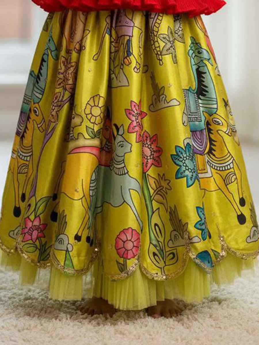 Multi Heavy Chinon Silk Embroidered Printed Kids Wear Wedding Festival Lehengas Girls Wear